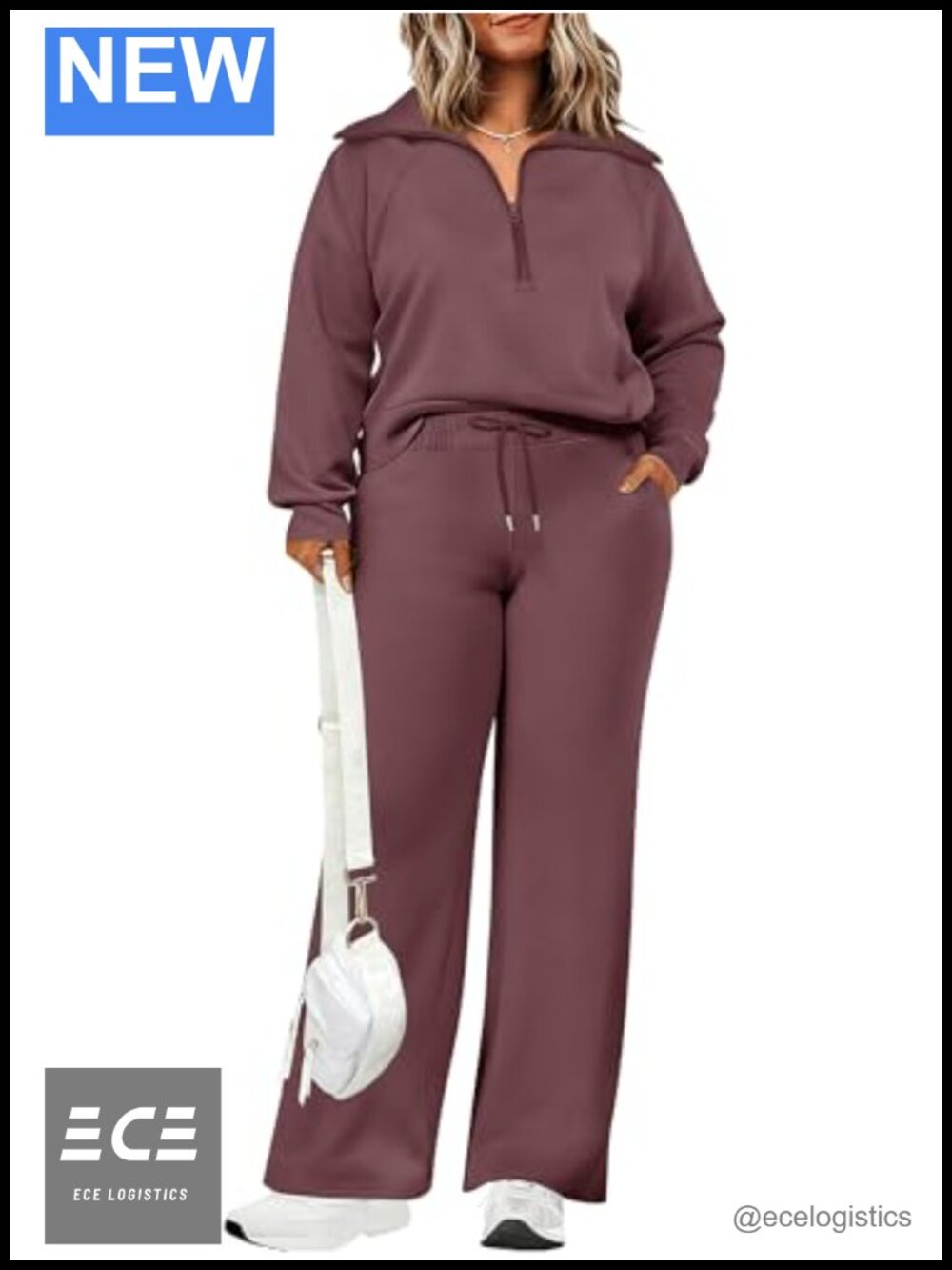 Plus Size 2 Piece Lounge Set Cotton Blend Half Zip Sweatshirt Wide Leg